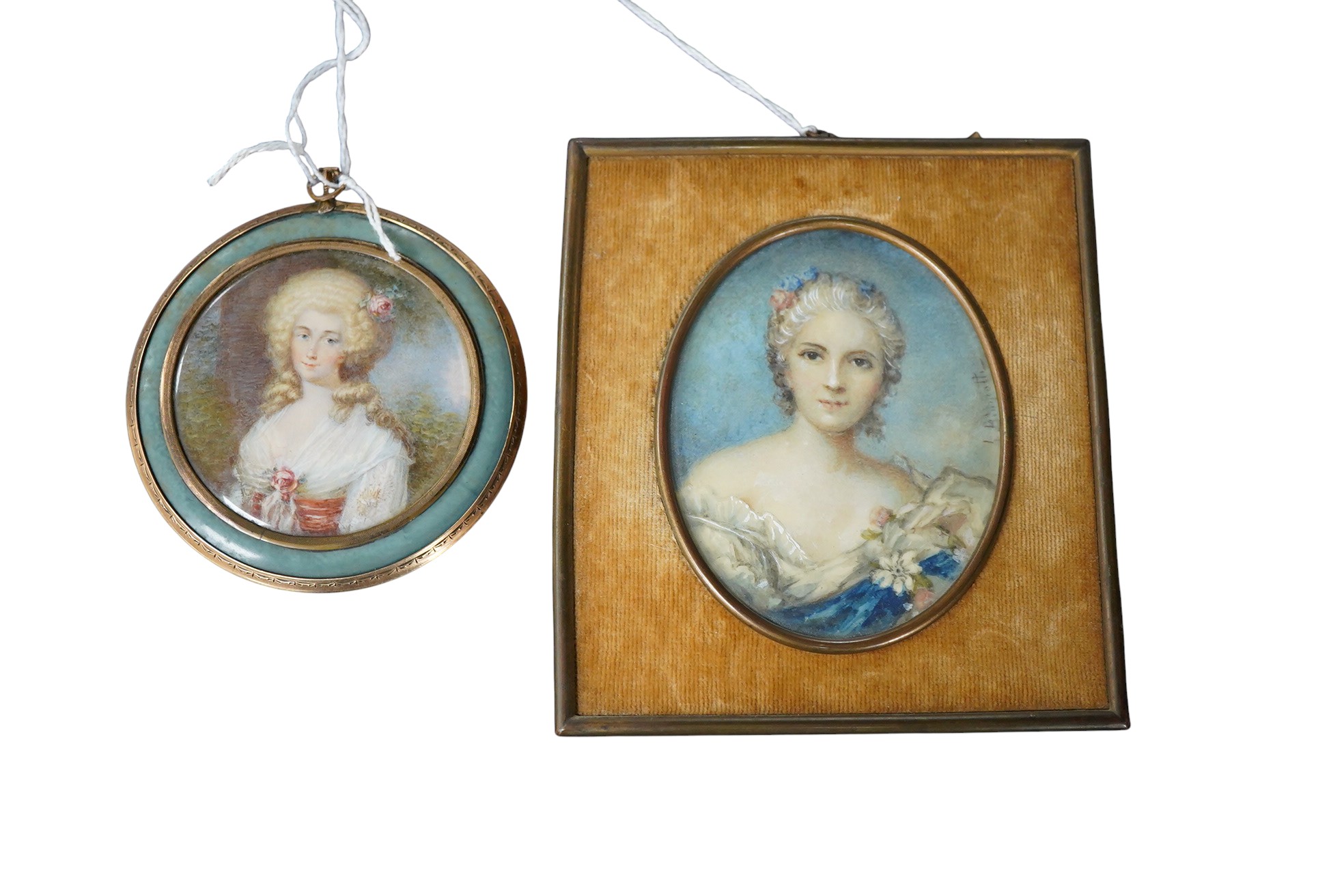 A 19th century, Italian portrait miniature of a lady with flowers, oval watercolour on ivory, indistinctly signed Biagiotti?, housed in an easel frame, together with another, housed in an inlaid and yellow metal pendant